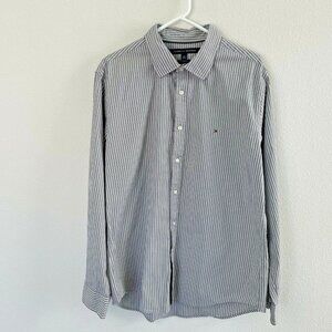 Tommy Hilfiger Shirt Mens Size L Grey Striped Button Up Custom Fit Long Sleeves